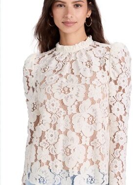Wayf Emma Puff Sleeve Cream Floral Lace Long-Sleeve Blouse